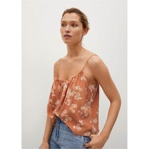 MANGO Top 'Niki' in Pastel Orange Rust Floral Spaghetti‎ Strap Boho Tank Daisy